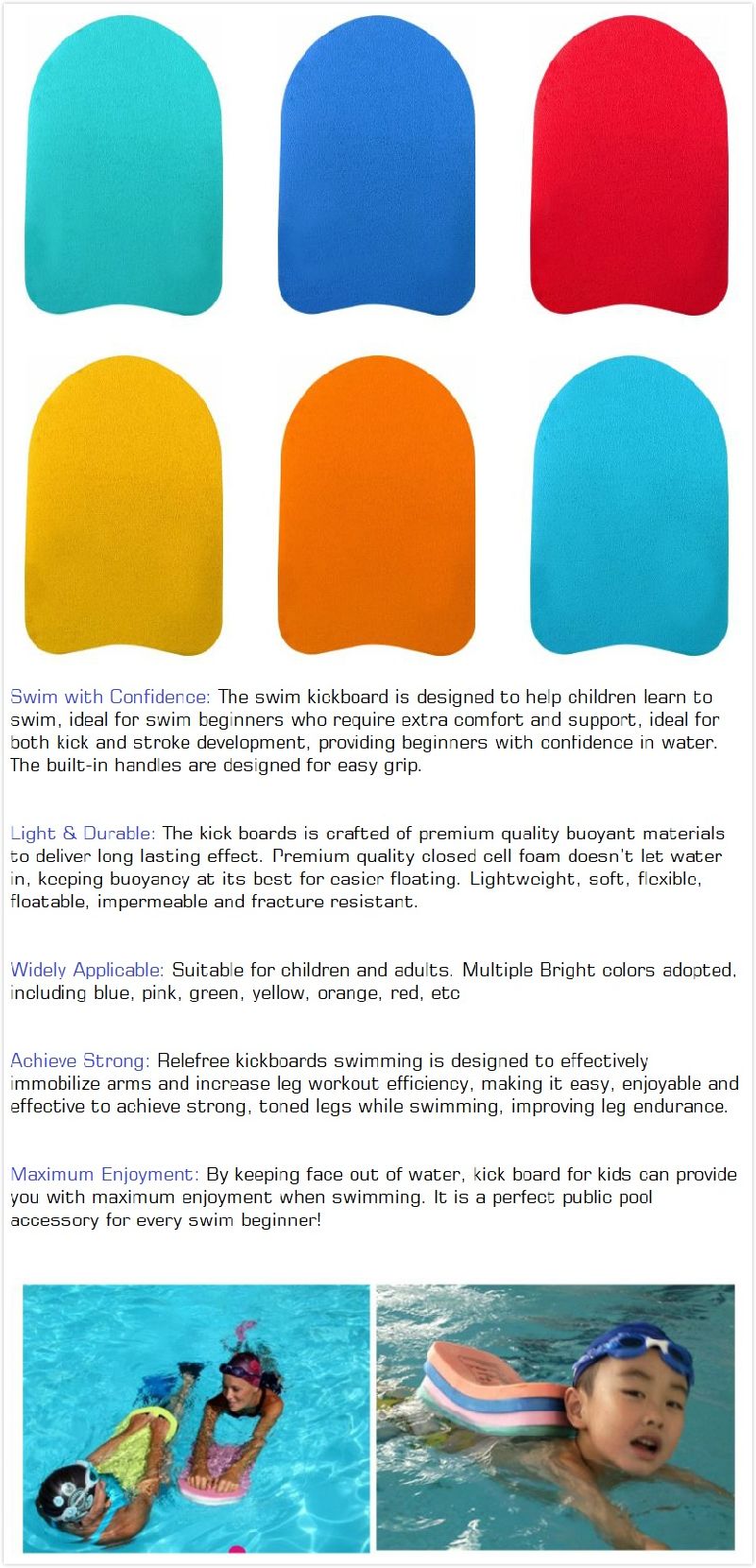 Swimming Board with Handles - Swim Training Aid Kickboards for Adult & Kid Swimmers