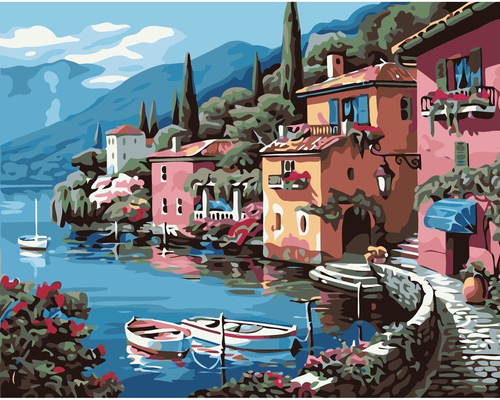 DIY Canvas Oil Painting Seaside City and Boat Paint by Number Picture on Canvas The Canvas Print Living Room