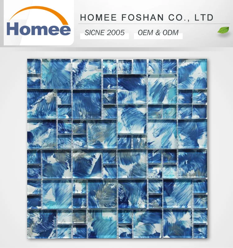 Stock Hand Paint Square Art Pattern Mix Blue Crystal Cheap Glass Mosaic