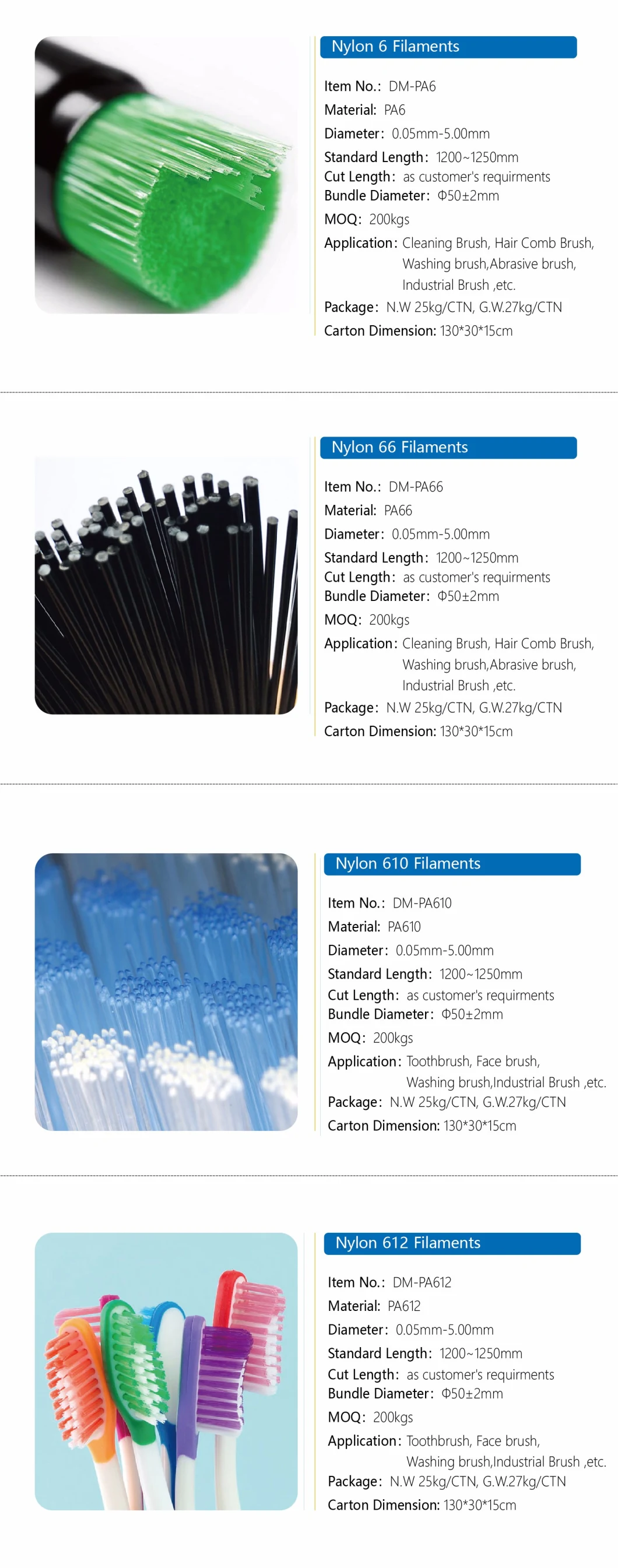 Excellent Bend Recovery Synthetic Plastic Brush Fiber Polyamide PBT PP PA Nylon 612/610/6/66 PA610 N612 N610 N6 N66 Oral Care Dental Bristle Tooth Brush Bristle