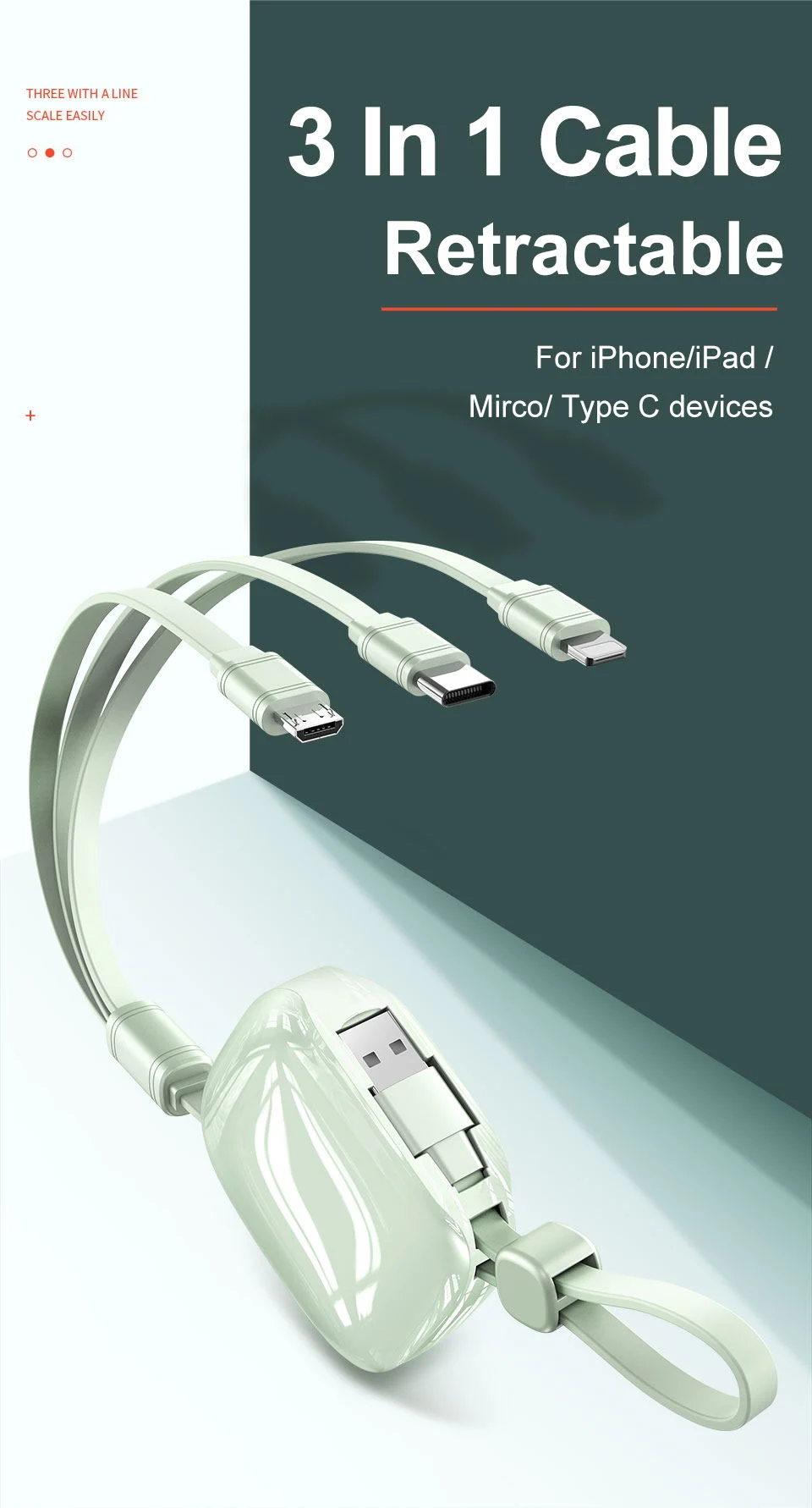 New Tongyinhai USB Groove Design Quick Charge USB Micro Type C Portable Retractable Cable for Oppo