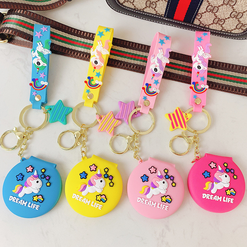 Folding Mini Round Cosmetic Mirror Key Ring Key Chain Charm Pendant for Women