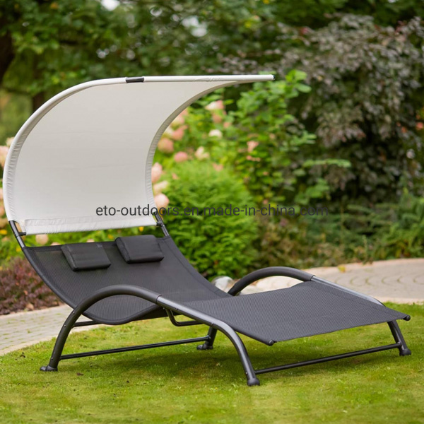 Portable Double Chaise Lounge Hammock Bed with Sun Shade & Pillow for Patio Garden Yard