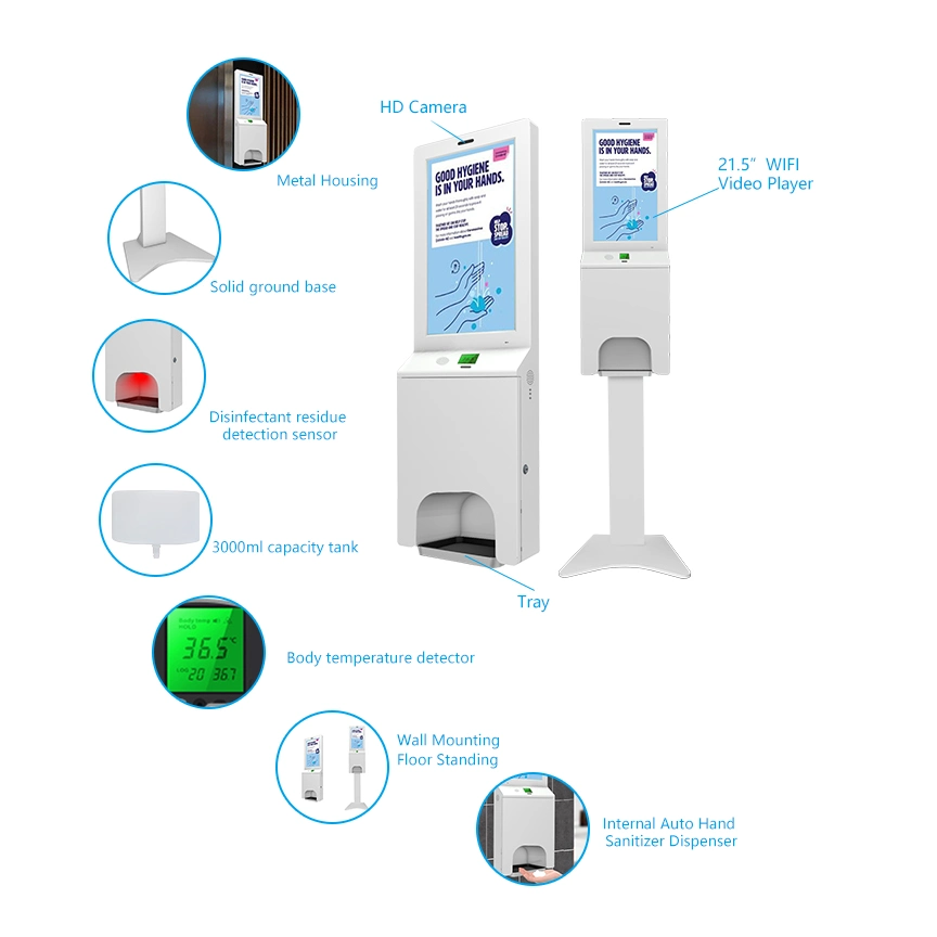 B2b Factory Indoor LCD Digital Signage with Touchless Hand Sanitizer Automatic Dispenser Disinfection Temperature Detection Kiosk