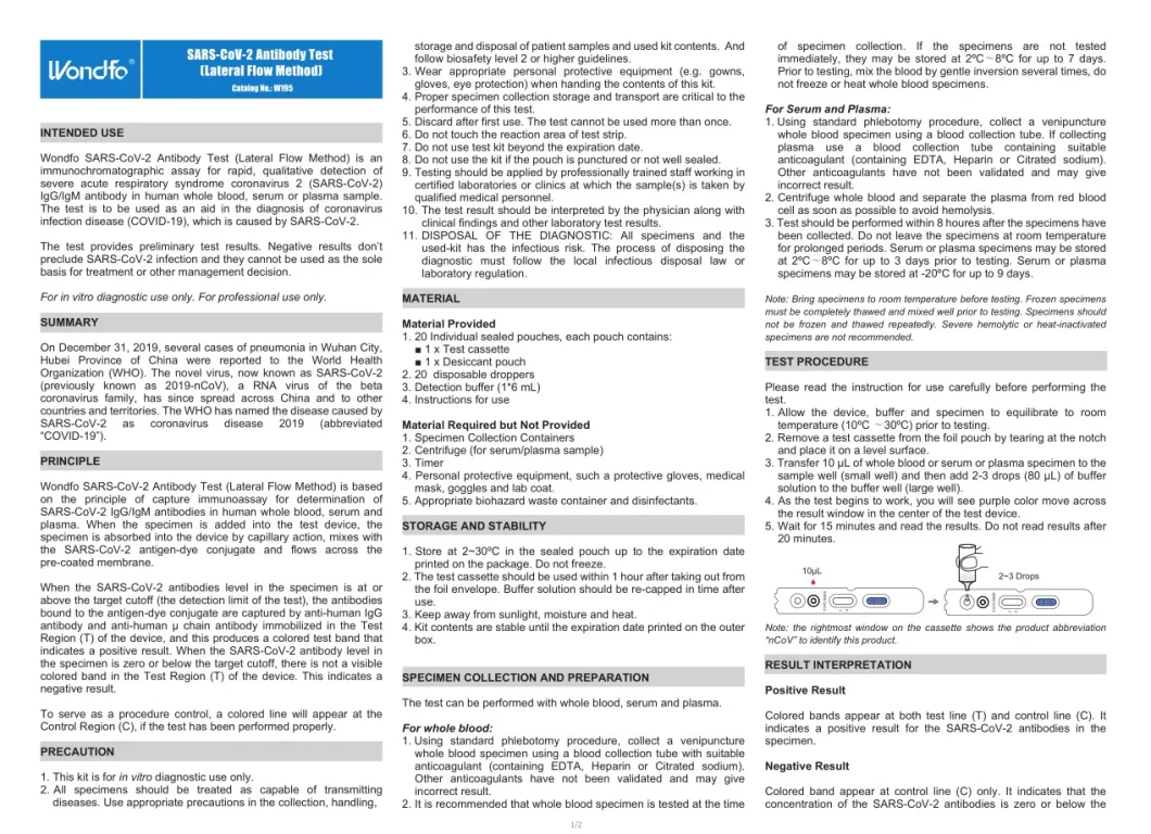 Wondfo Test Kit Antibody Test Lateral Flow Method Antibody Detection Test Kit
