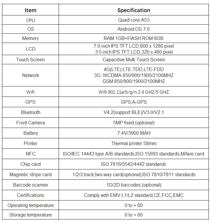 PT7003 Android POS Terminal with HD Camera NFC Bank EMV Card Reader Portable Android Thermal Printer