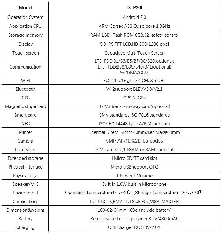 Android WiFi 4G POS Terminal Hospitality Management with 5inch PCI Pts Touch Screen Tablet Ts-P20L