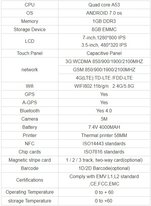 All in One 7 Inch Portable Android POS Terminal with Printer & Qr Code Scanner PT7003