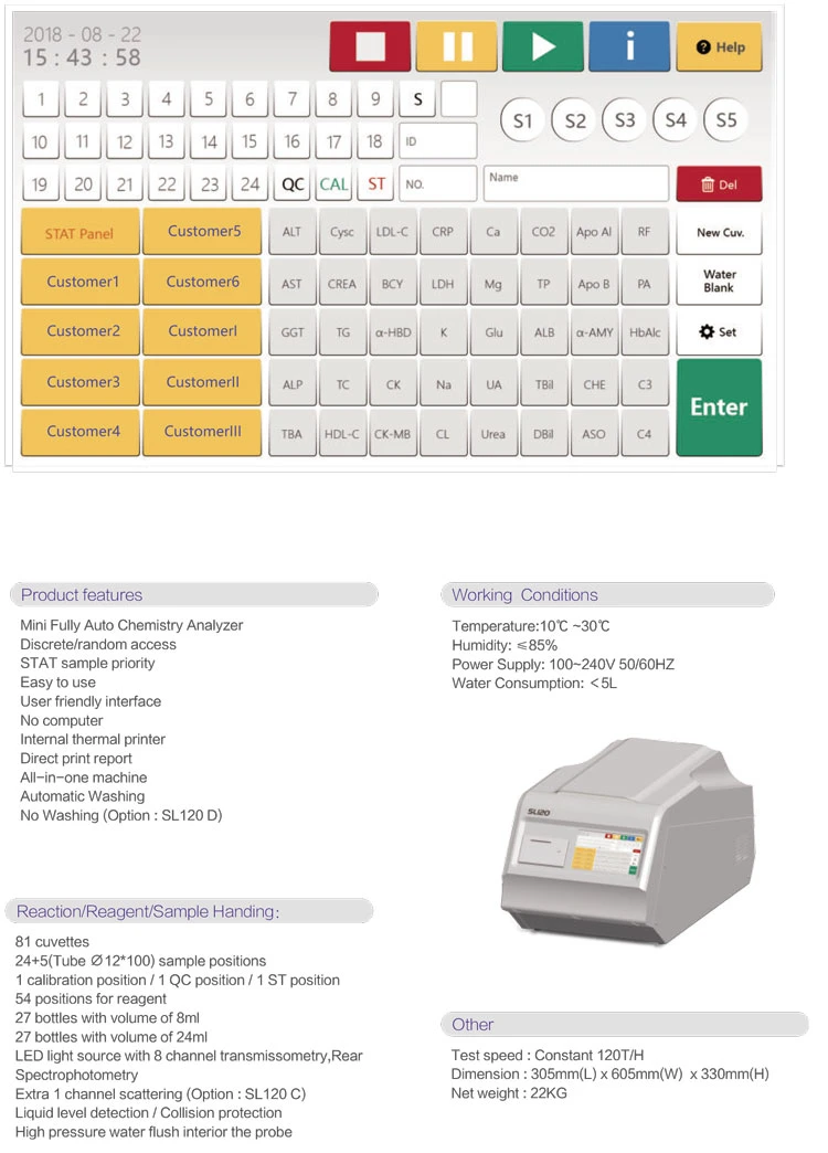 Mini Fully Auto Clinical Chemistry Analyzer Touch Screen Automatic Washing Biochemical Analyzer with Internal Thermal Printer