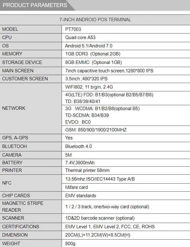 PT7003 7inch High-Tech Device Dual Screen Security Payment Mobile POS Terminal with 58mm Thermal Printer