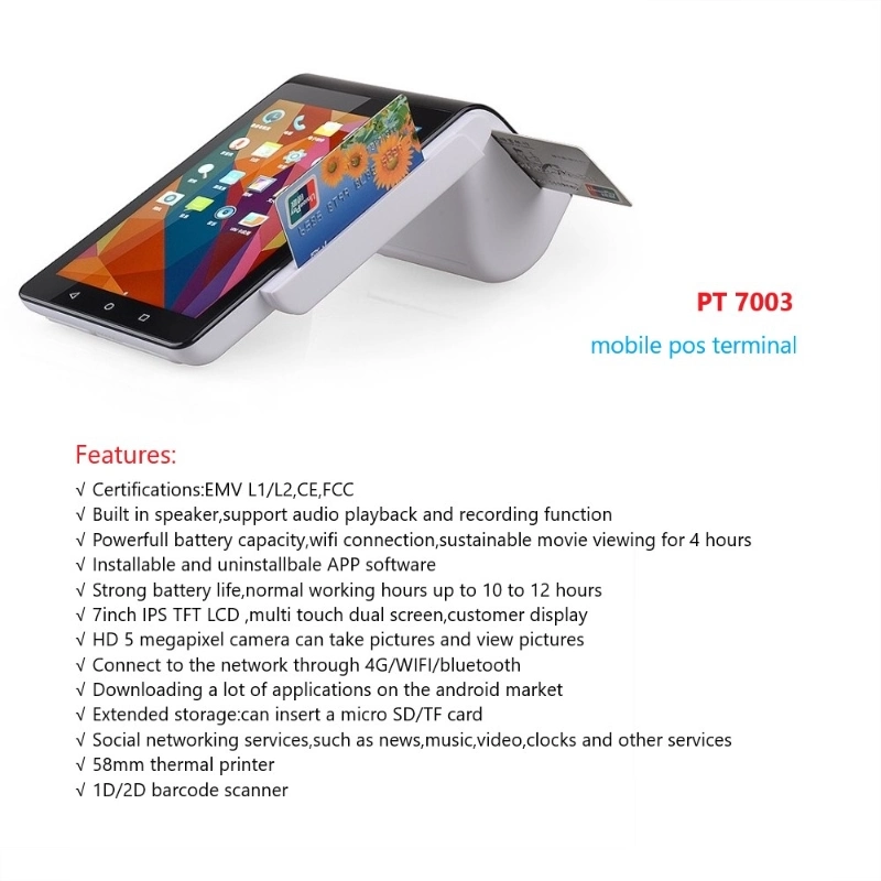 Mobile 7inch Large Portable Handheld POS Terminal Restaurant Retail Orders WiFi Bluetooth POS Machine PT7003