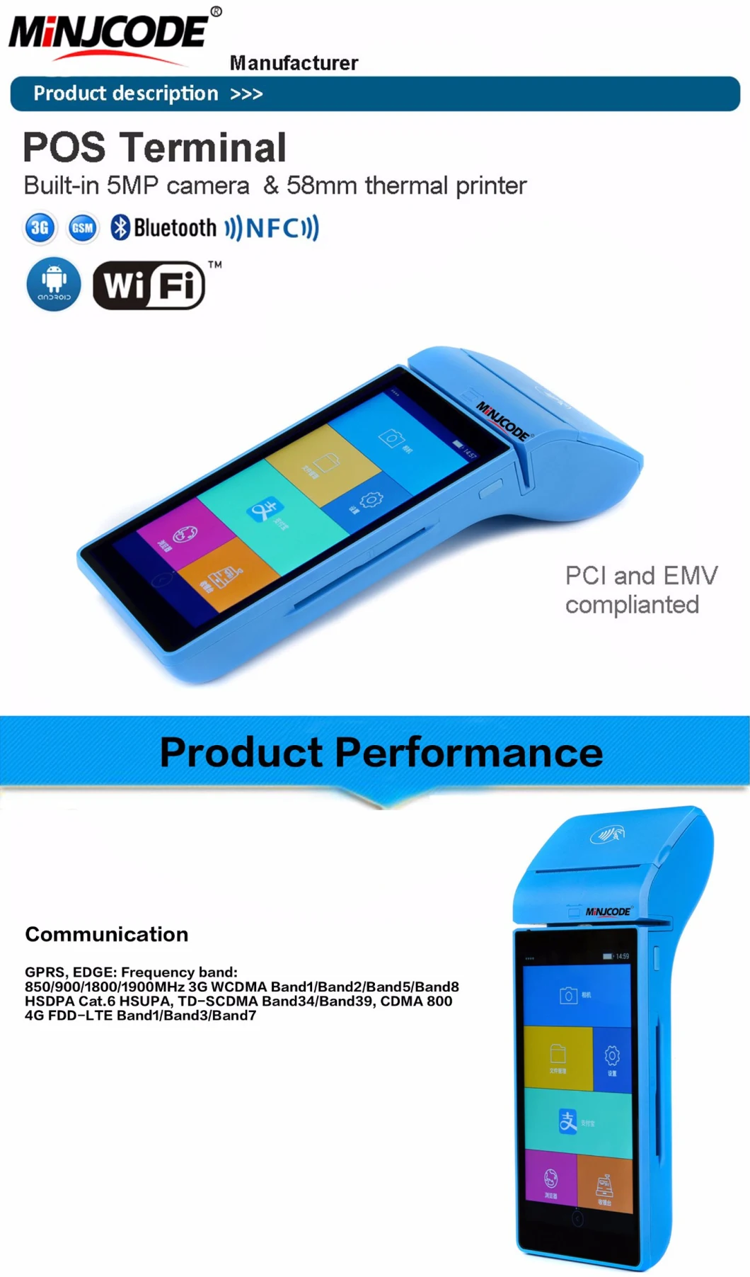 Smart POS Terminals, EMV/PCI Certificate, Best Quality Touch Screen Handheld POS Terminal, GPRS, Wi-Fi, Bluetooth for Payment, Handheld POS Terminal, Mj P2000