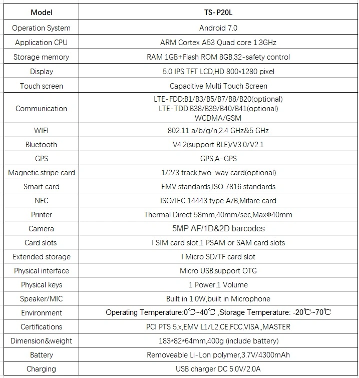 Ts-P20L Android Mobile WiFi 4G POS Terminal Touch Screen Rugged PDA