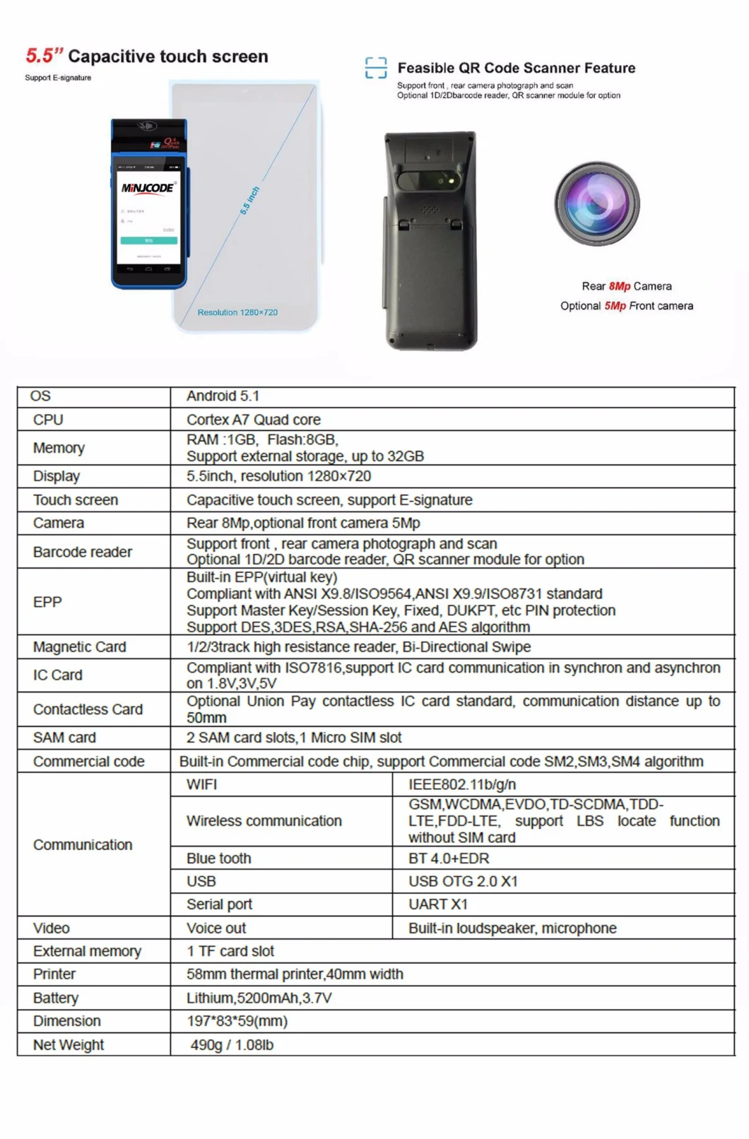 Touch Screen Handheld POS Terminal, Smart POS Terminal with EMV/PCI Certificate, Barcode Printer, IC Crad, NFC, GPS, POS Machine. Mj Hmpos4