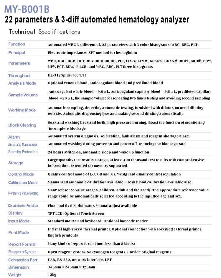My-B001b Clinical Auto Hematology Analyzer, 3-Diff Blood Hematology Analyzer Price