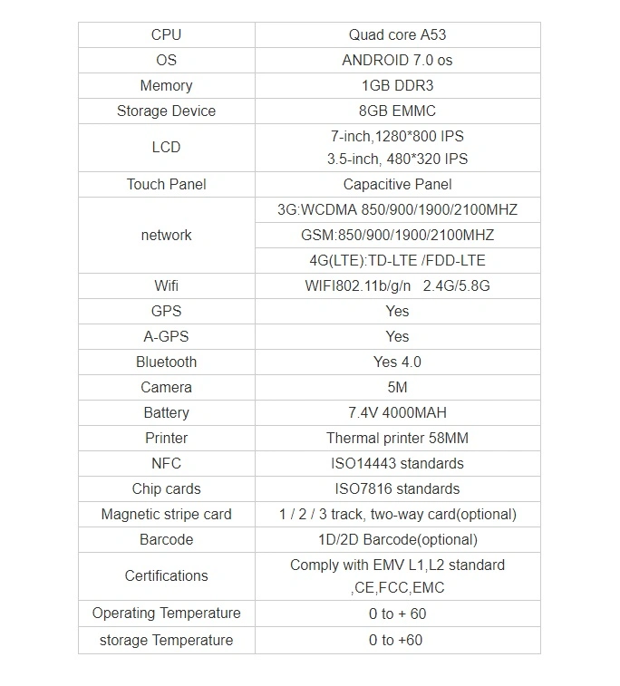 7inch and 3.5inch Customer Display Handheld Android Mobile POS Terminal PT7003 Dual Touch Screen