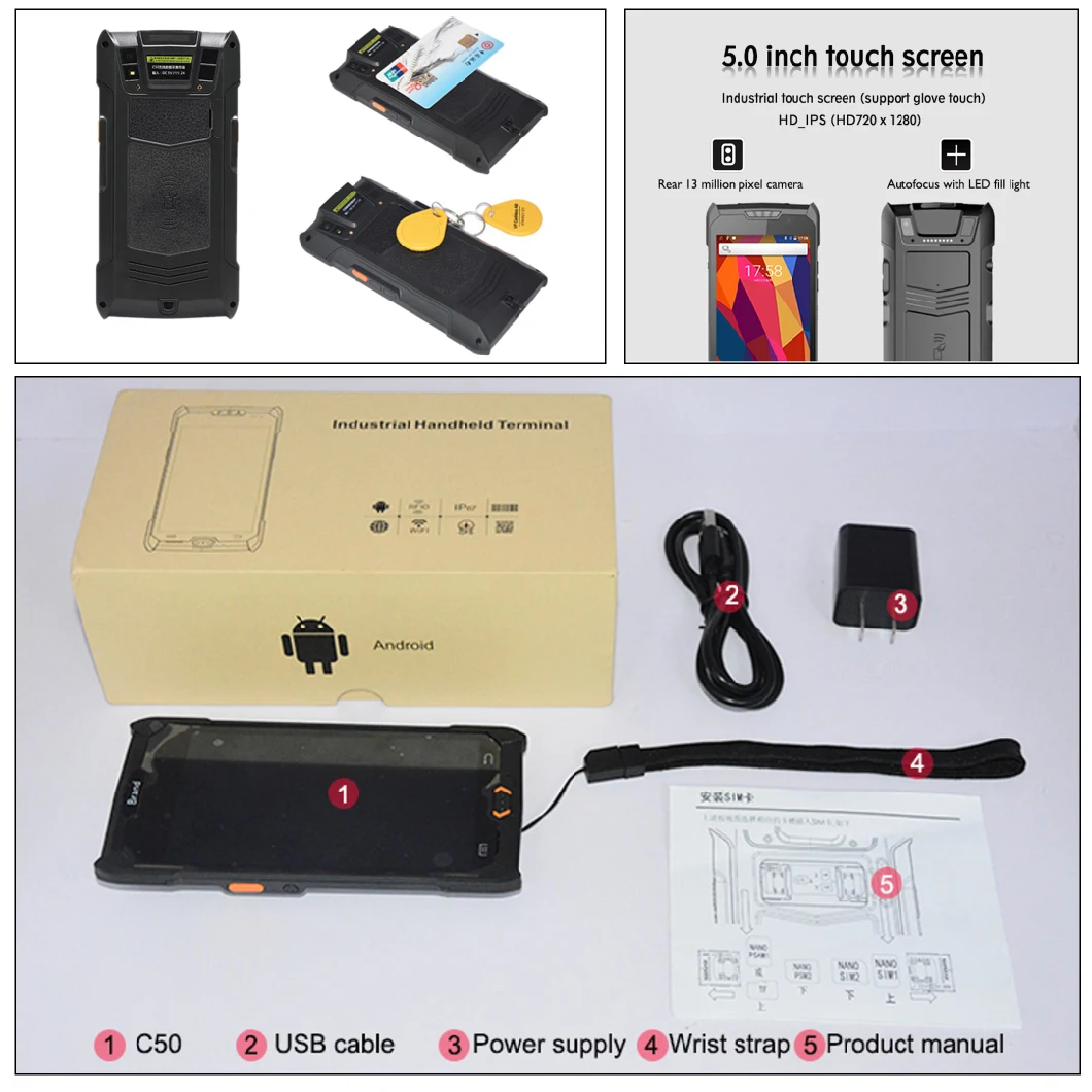 Warehouse POS Rugged Handheld RFID Reader Industrial Laser Barcode Scanner Android PDA (C50)