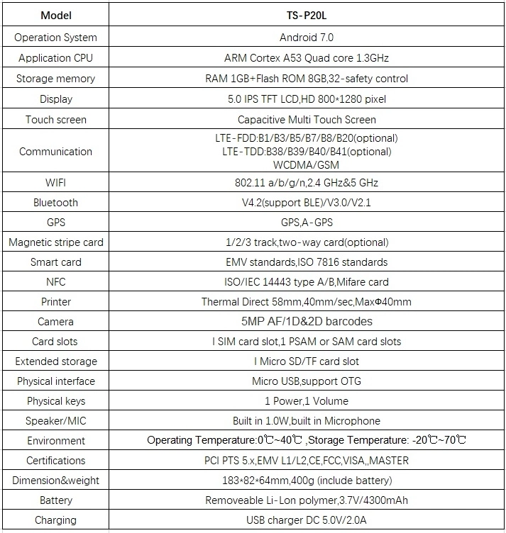 Visa/Master Automatic Payment Terminal Credit Card NFC Barcode Scanner POS Bluetooth Device Ts-P20L