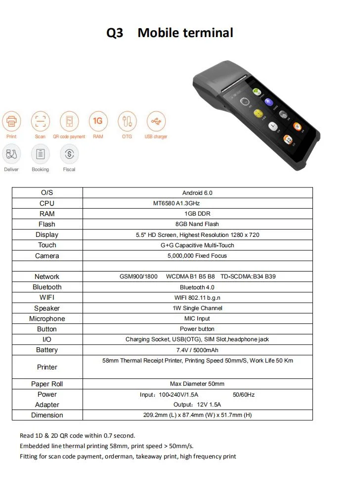 Wireless Andriod Handheld POS Terminal