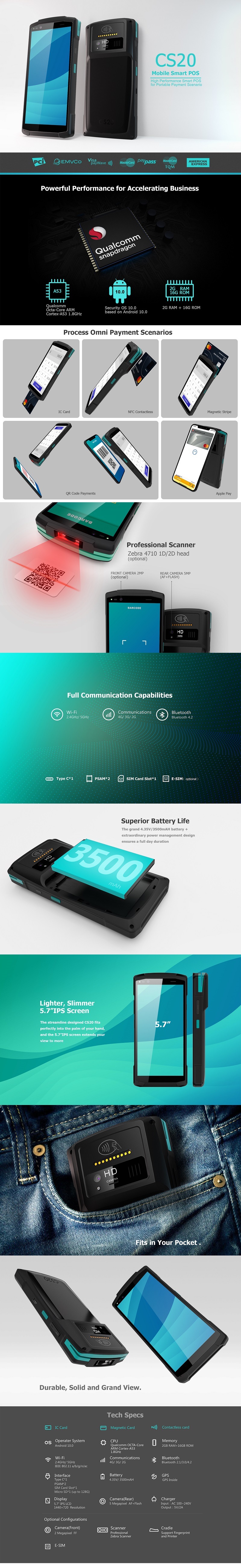 5.7 Inch Android Handheld Ultra-Thin POS Terminal with 58mm Thermal Printer Scanner NFC Camera and Speaker