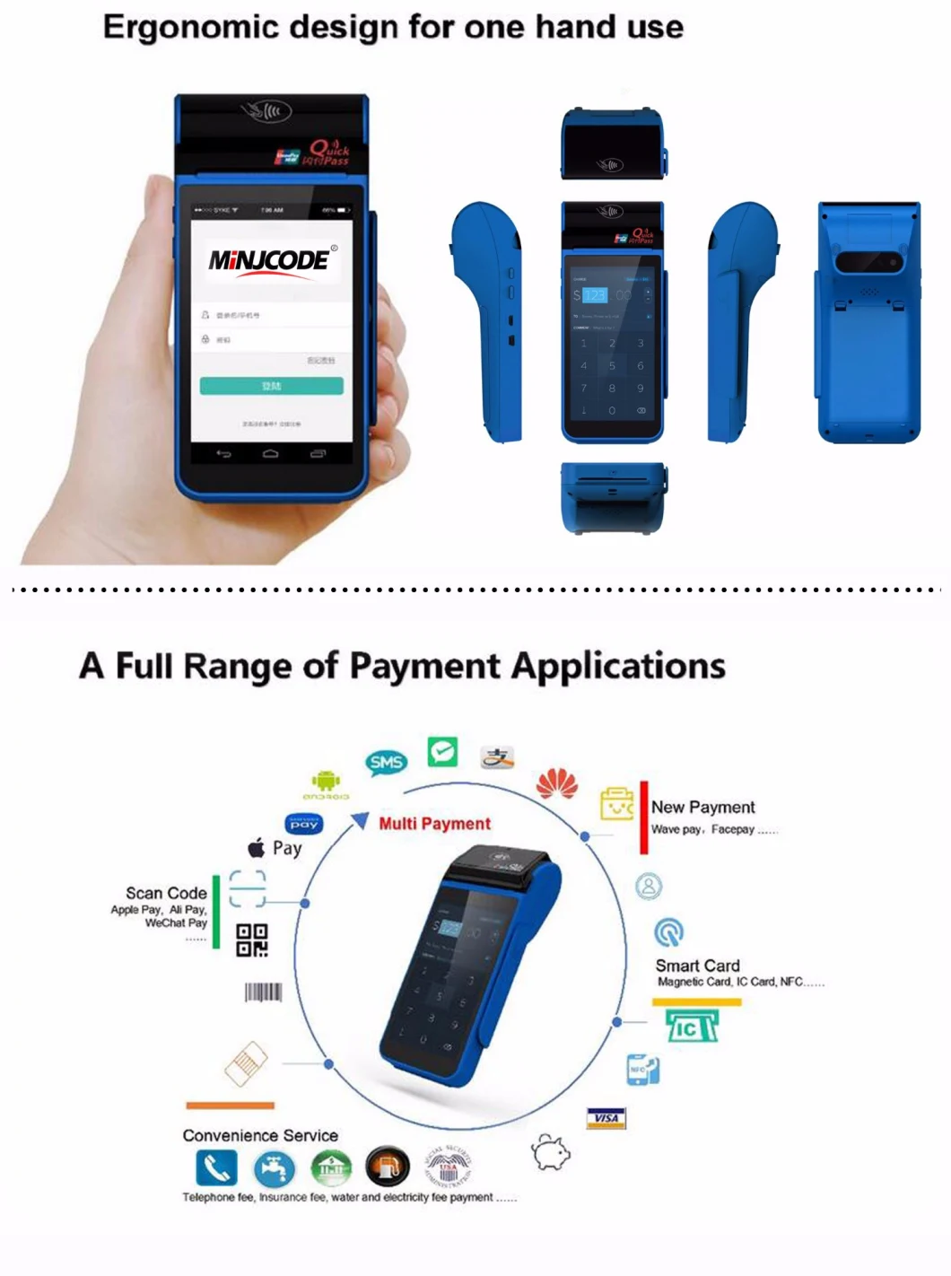 Touch Screen Handheld POS Terminal, Smart POS Terminal with EMV/PCI Certificate, Barcode Printer, IC Crad, NFC, GPS, POS Machine. Mj Hmpos4