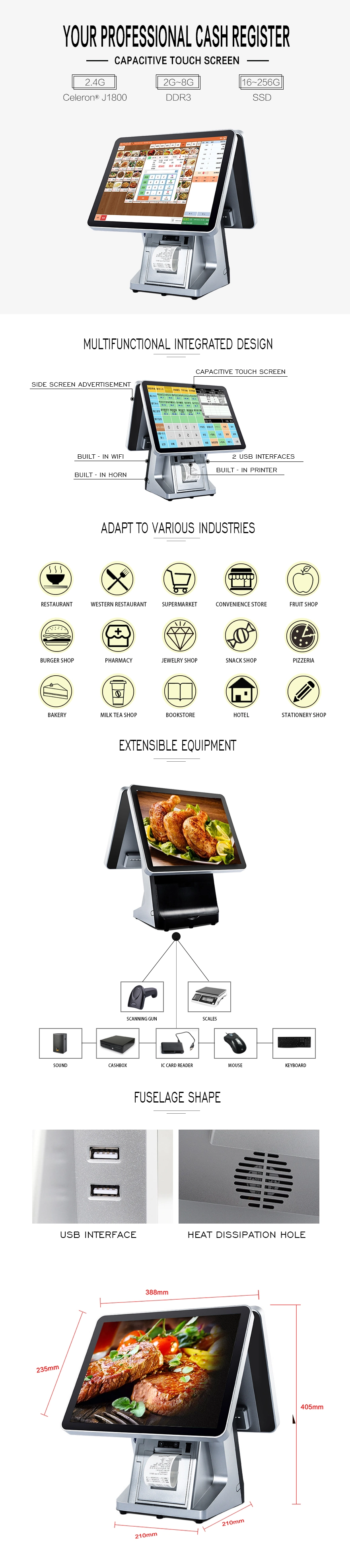 All in One -POS Single Double 15.6inch Touch Screen POS Android Ubantu Mini POS System