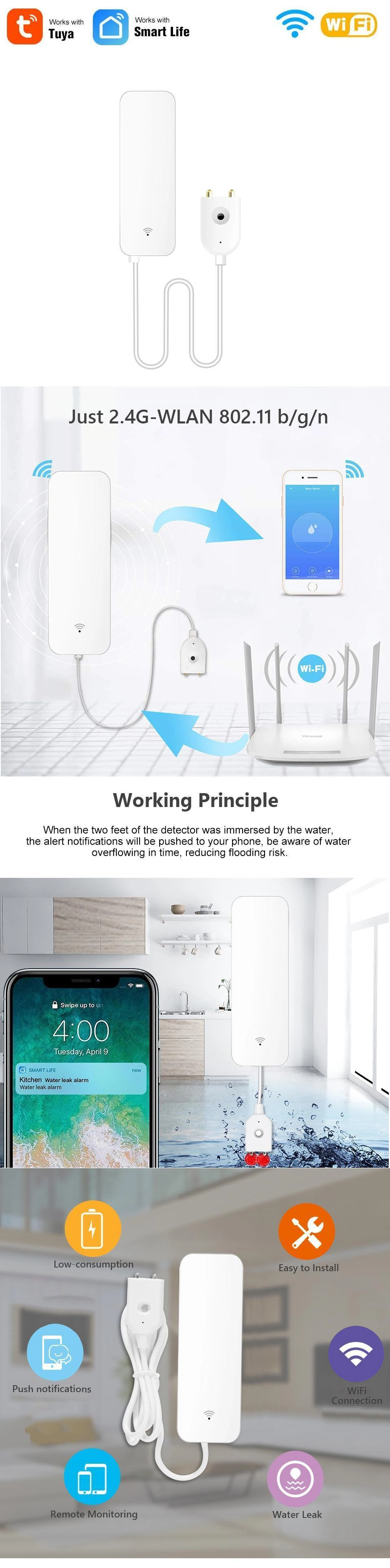 Tuya WiFi Water Immersion Sensor Smart Home Mobile Phone Remote Alarm Water Leak and Overflow Sensor