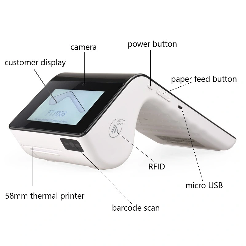 PT7003 Android POS Terminal with HD Camera NFC Bank EMV Card Reader Portable Android Thermal Printer