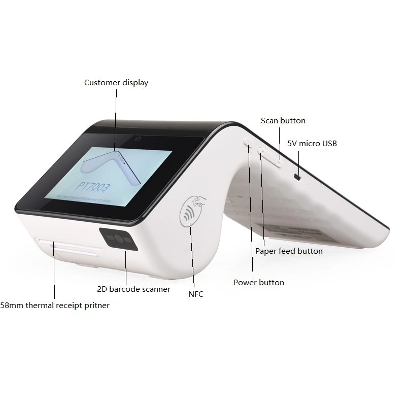 Mobile Tablet POS Terminal NFC EMV Android Smart POS with Printer/2D Scanner/ Camera/7'' Touch Screen/3.5'' Customer Display PT7003