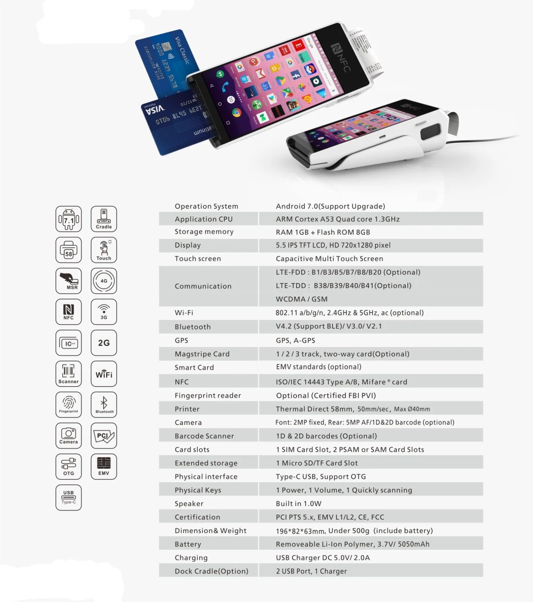 Android System Smart POS Terminal RFID and Printer Fingerprint POS Machine NFC, Magnetic for Payment