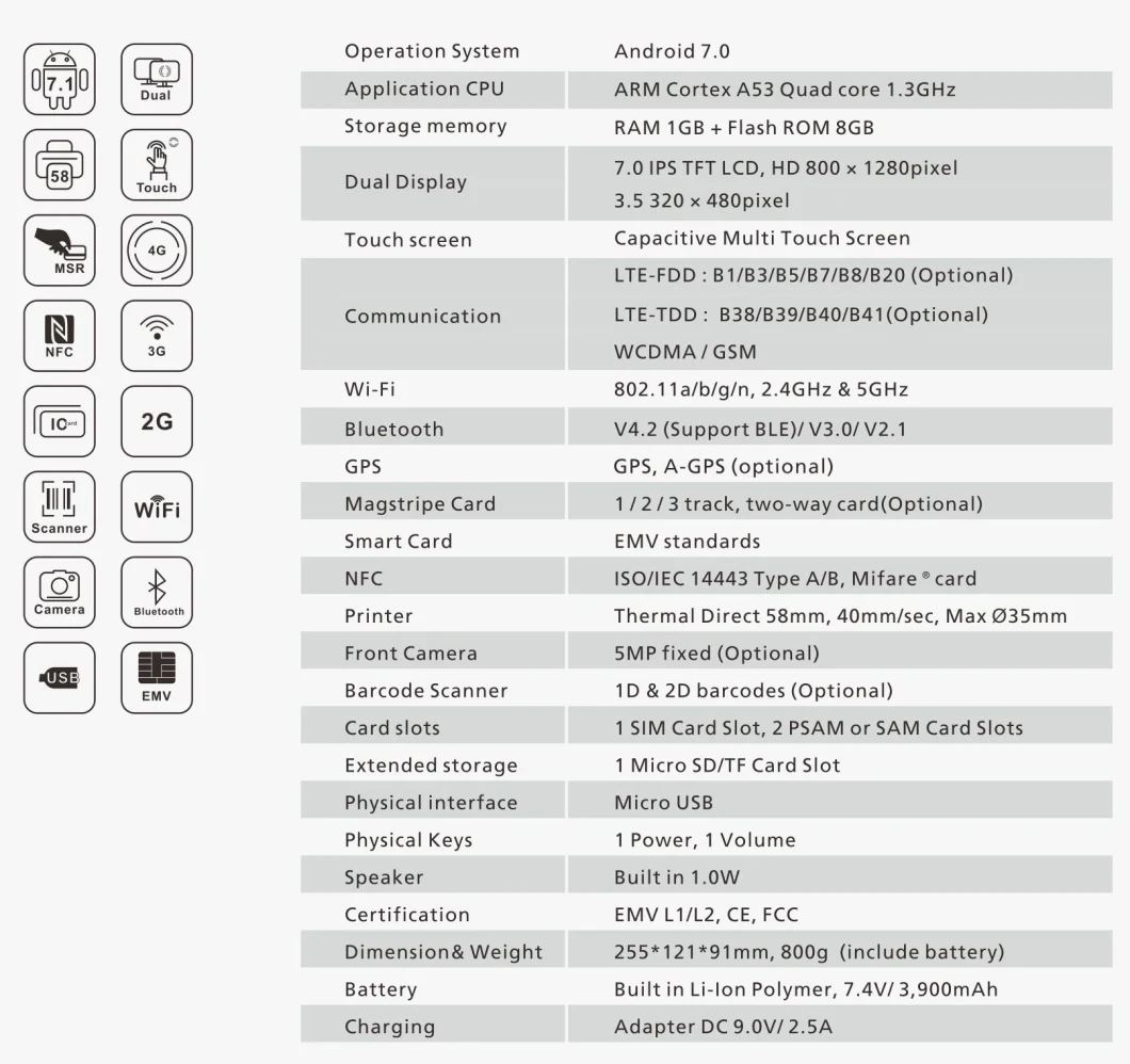 7 &3.5 Inch Dual Touch Screen Mobile NFC POS Terminal PT-7003 with Scanner and Printer