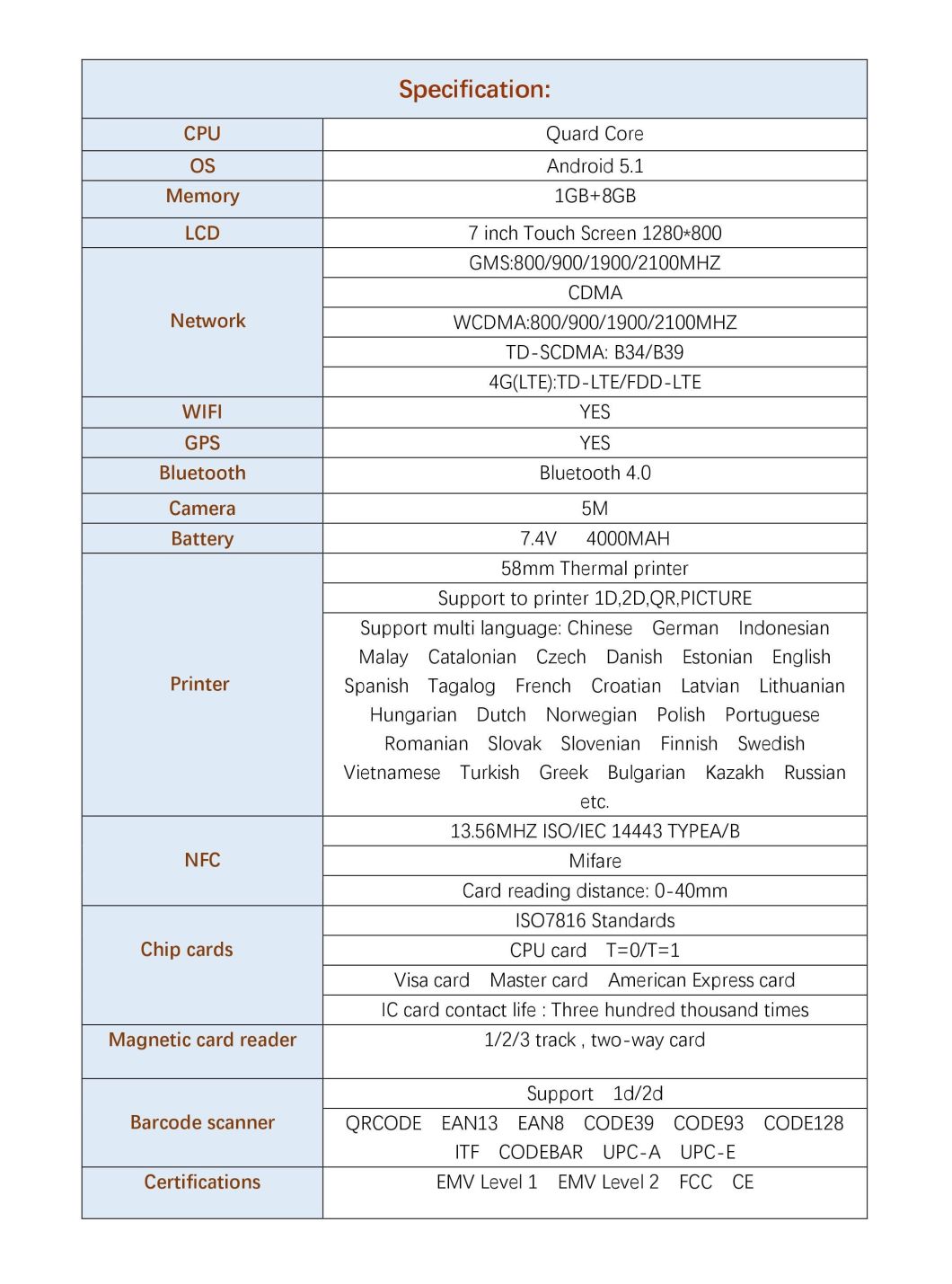 PT7003 POS Machine with Android System POS Printer Handheld Terminal All in One Software Sdk