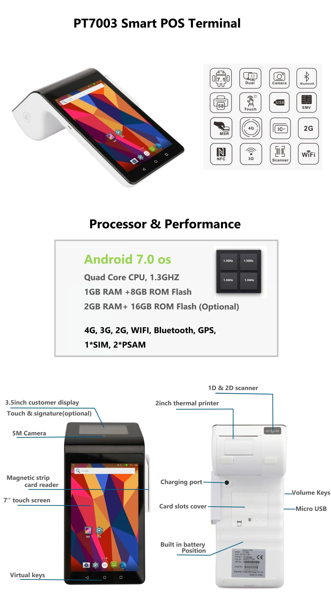 Handheld Wireless Barcode Scanner Android Touch POS Terminal with WiFi 4G Built-in Printer Camera PT7003