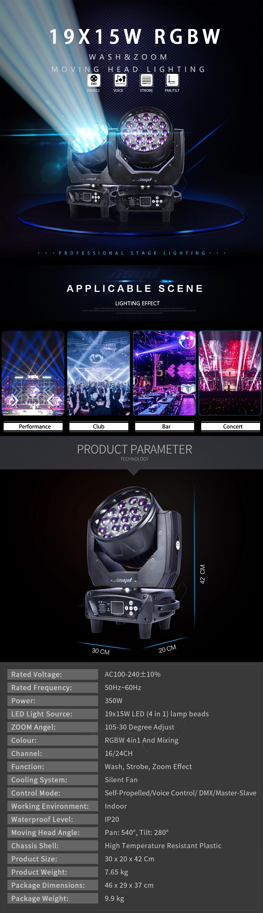 DMX Stage Light 19X15W RGBW Wash Zoom Function Party Disco Moving Heads Light