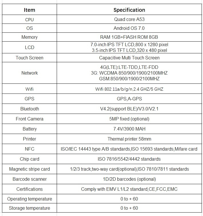 Portable 4G WiFi Mobile Small POS Device with Receipt Printer for Restaurant Solution PT7003