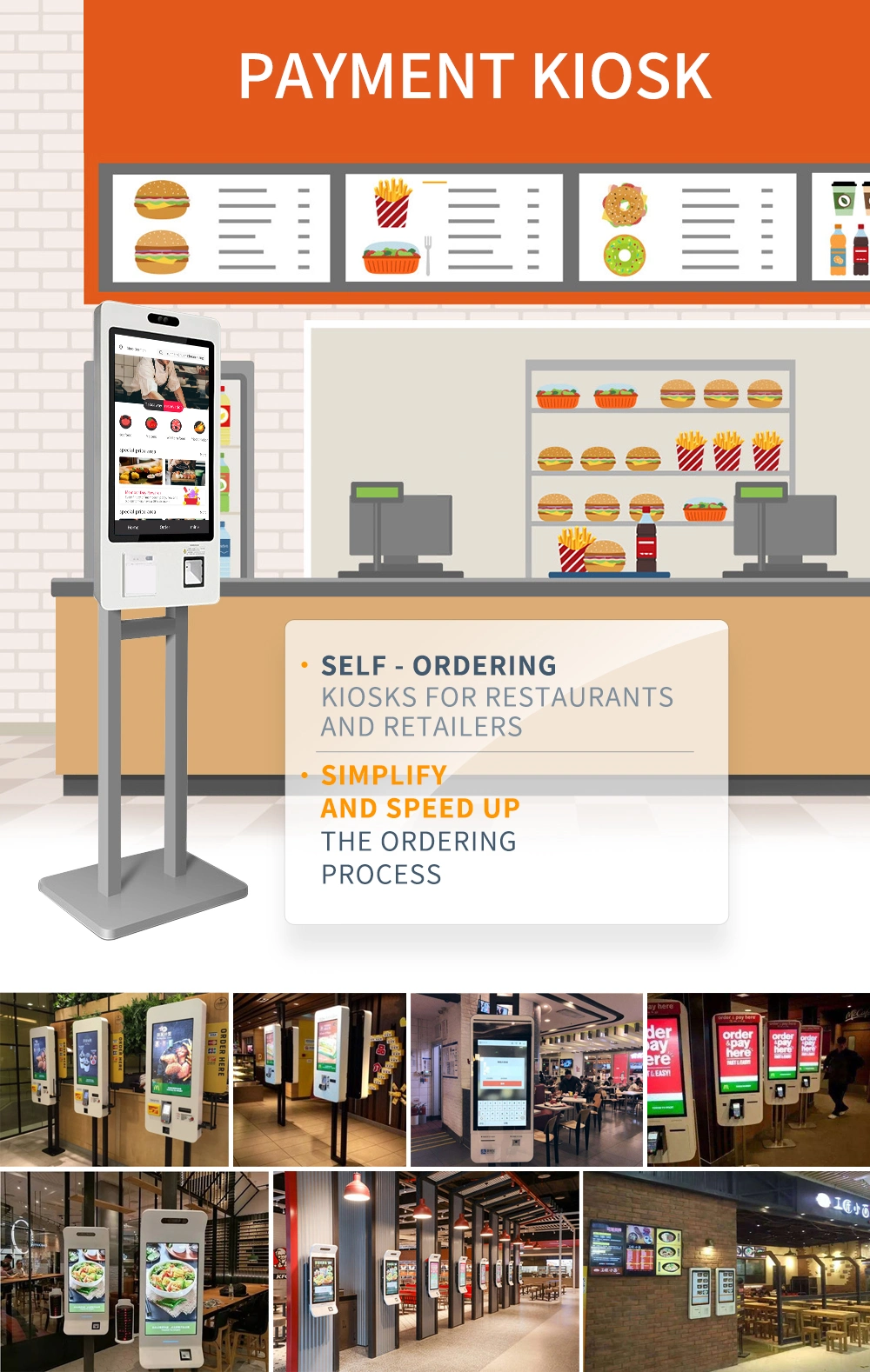 Touch Screen Restaurant Customer Self Pay Ordering Machine with Credit Card POS System