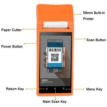 Handheld Android POS System Terminal with Touch Screen 4G WiFi Built-in Printer