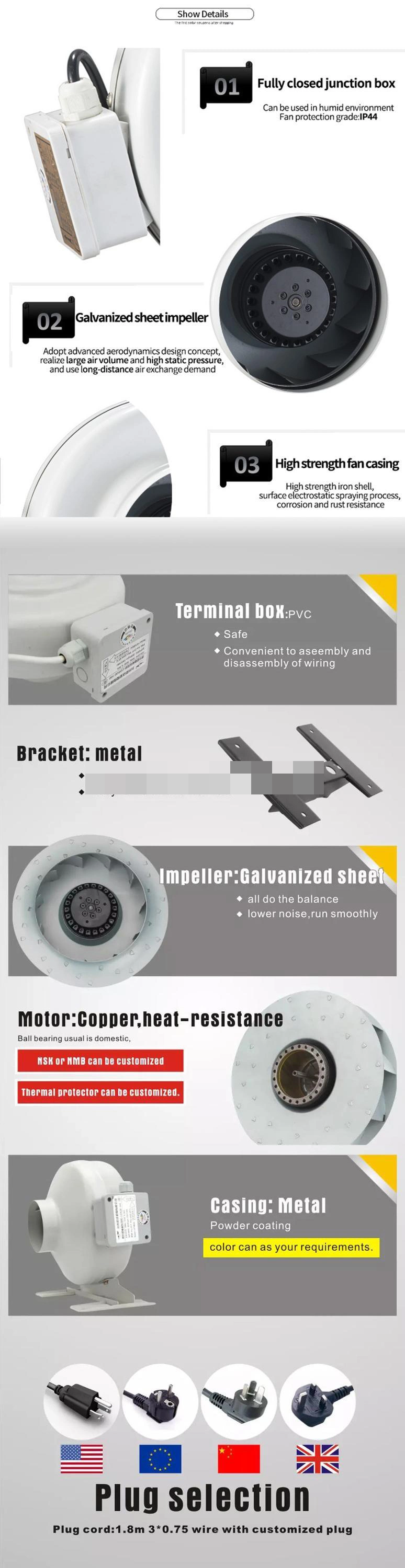 High Quality AC 250mm Tube Circular Ventilation Exhaust Blower Inline Duct Fan