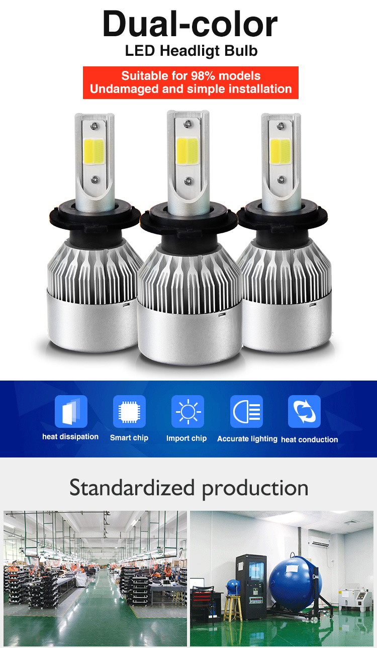 Super Bright 12V Auto Car LED Headlight, H4 H7 H13 H11 9004 9005 9006 9007 Dual Color C6 Car LED Headlight Bulb