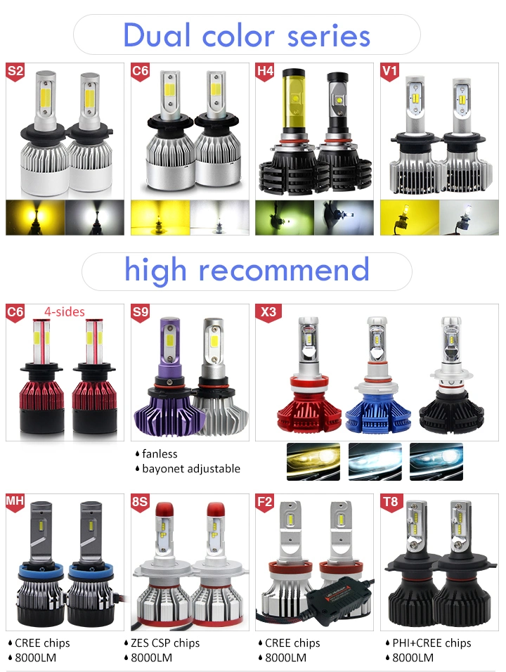 3000K 6500K 8000lm H7 LED Headlight Bulb H4 Dual Color S2 LED Headlight H11