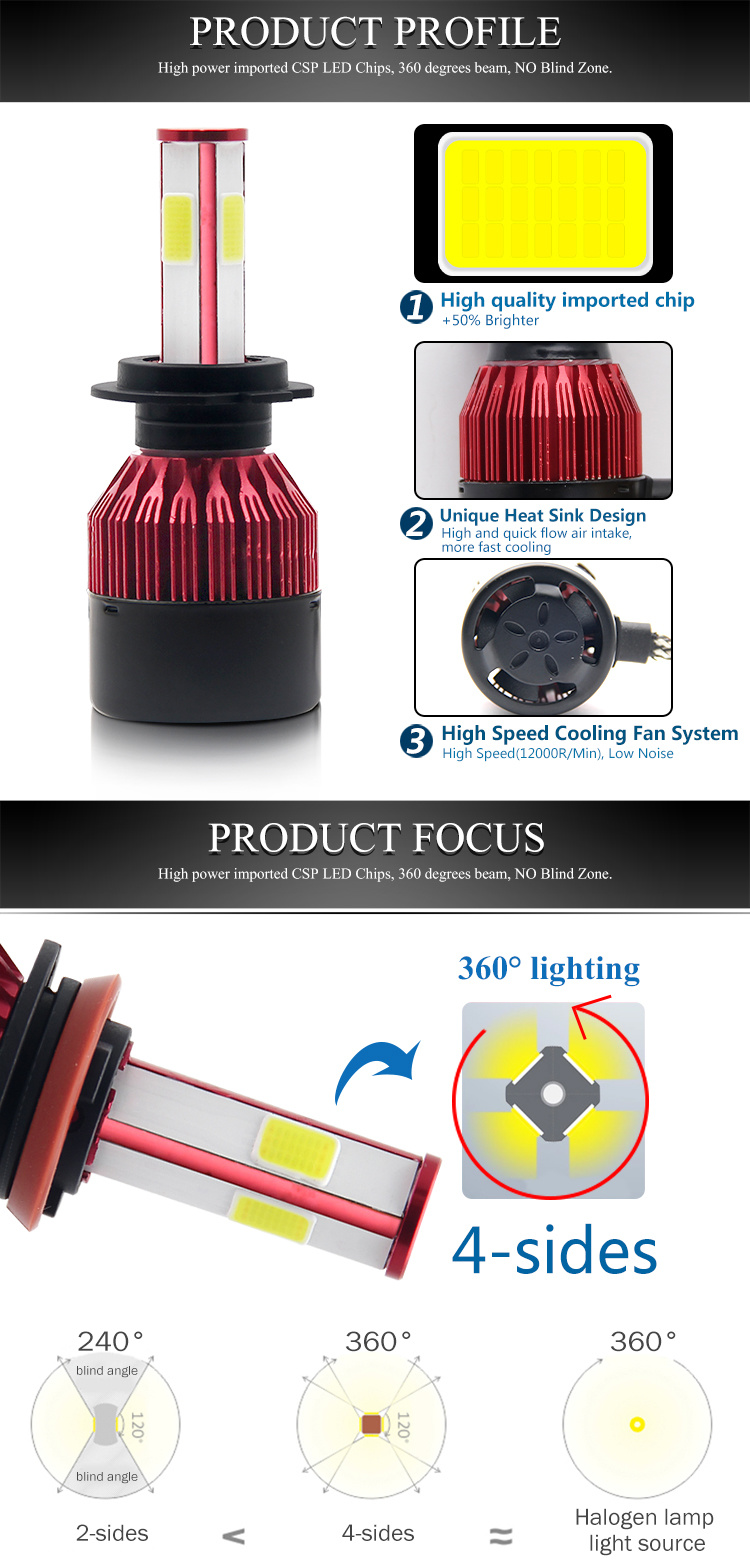 Wholesale C6 4 Sides H7 Car LED Headlight, C6 360 Degree Light COB LED Headlight Bulb