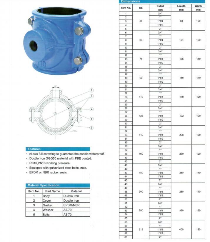 En545 Ductile Iron Saddle Clamp for PVC Di Pipes