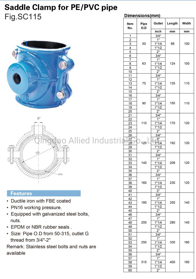 Di Saddle Clamp for PE/PVC Pipe