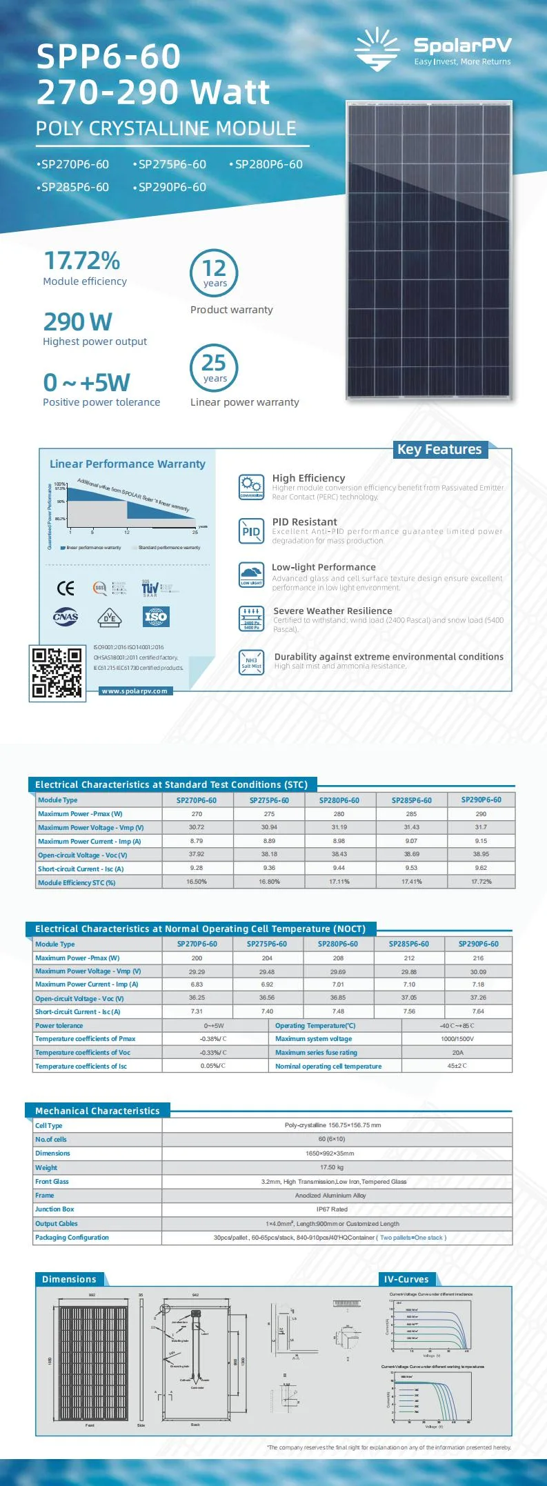 Spolarpv Polycrystalline 275W Solar Module Suitable for High Temperature Desert Environment