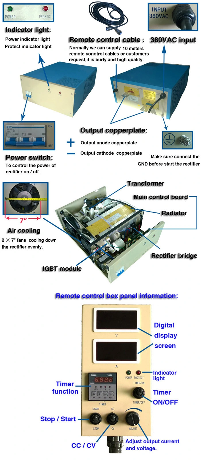 Electroplating Rectifier with Remote Control Box IGBT Module Air Cooling