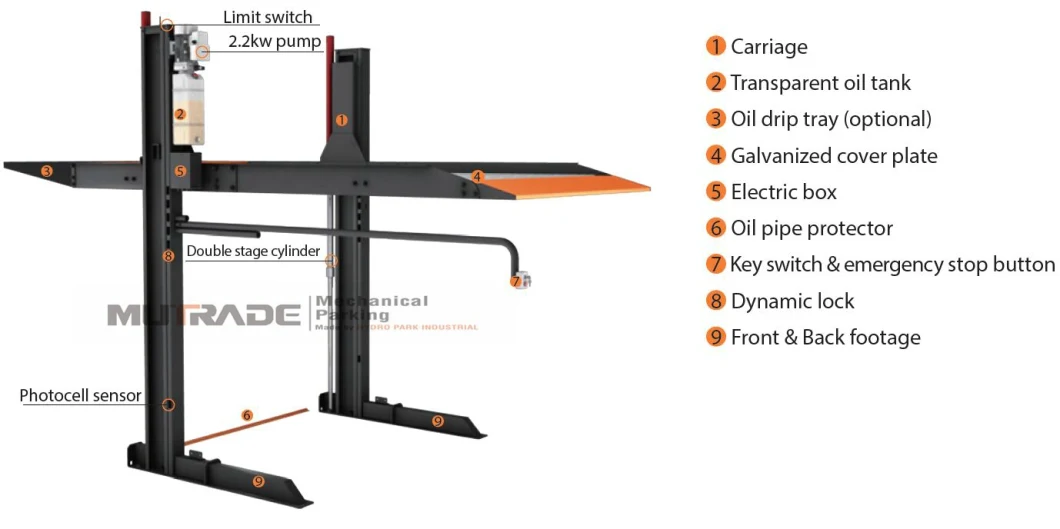 2 Post Car Parking Lift System Double Platform Stacker