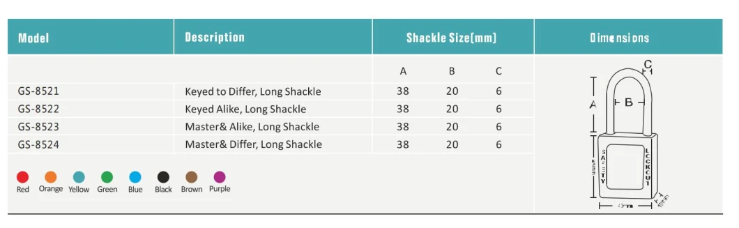 GS-8522 Metal Shackle Safety Padlock, 38mm Metal Schackl Safety Padlock, High Quality Safety Padlock