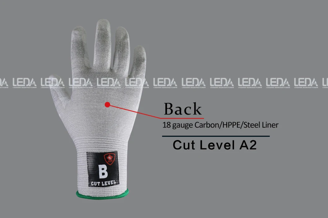 18g Carbon Fiber/Hppe Knitted Shell PU Palm Coated A2 Cut Resistant Safety Gloves