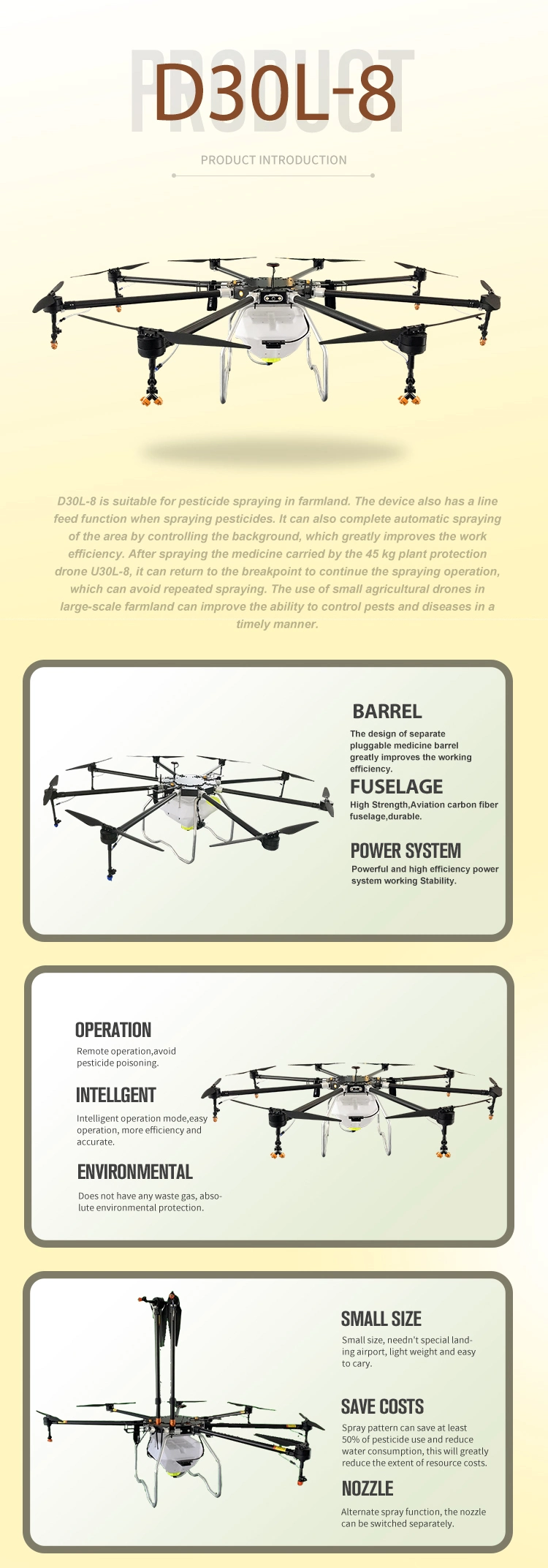 36kg Carbon Fiber Frame Multi-Rotors Agriculture Crops Spray Uav