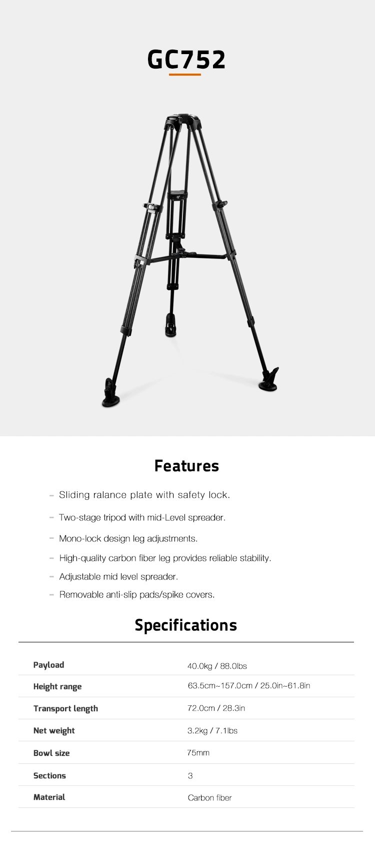 E-Image Professional Carbon Fiber Lightweight Video Camera Tripod (GC752)